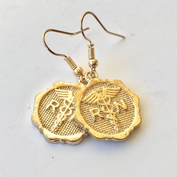 Gold Caduceus RN Nursing Earrings Nurse Graduation - Picture 6 of 7